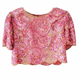 VTG Sequin Beaded Cropped Top Pink Gold Roses Scallop Hem Fairycore Glam  14